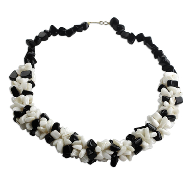Agate beaded necklace, 'Magical Monochrome' - Black and Off-White Agate Beaded Necklace Handmade in Ghana