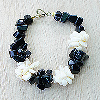 Agate beaded bracelet, 'Magical Monochrome' - Black and Off-White Agate Beaded Bracelet Handmade in Ghana