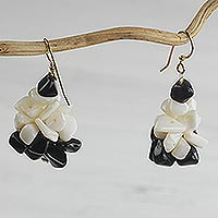 Agate beaded cluster earrings, 'Magical Monochrome' - Black and Off-White Agate Cluster Earrings Handmade in Ghana