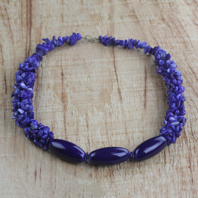 Agate and recycled glass beaded necklace, 'Indigo Delight' - Handmade Indigo Agate and Recycled Glass Beaded Necklace