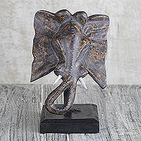 Wood sculpture, 'Elephant Head' - Hand Carved Elephant Head Sculpture on Wood Stand