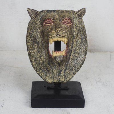 Wood sculpture, 'Lion Head' - Artisan Crafted Lion Head Sculpture on Wooden Stand