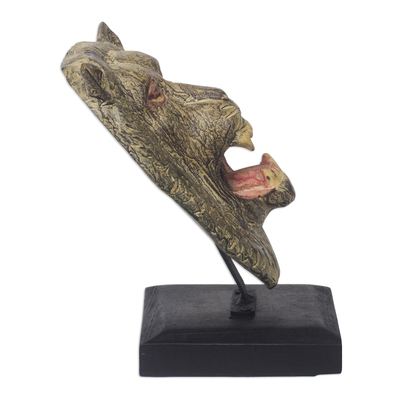Escultura de madera - Escultura artesanal de cabeza de león sobre soporte de madera
