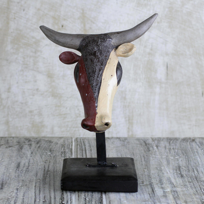 Wood sculpture, 'Bull Head' - Rustic Artisan Carved Wood Bull Head Sculpture
