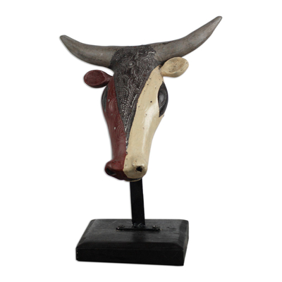 Wood sculpture, 'Bull Head' - Rustic Artisan Carved Wood Bull Head Sculpture