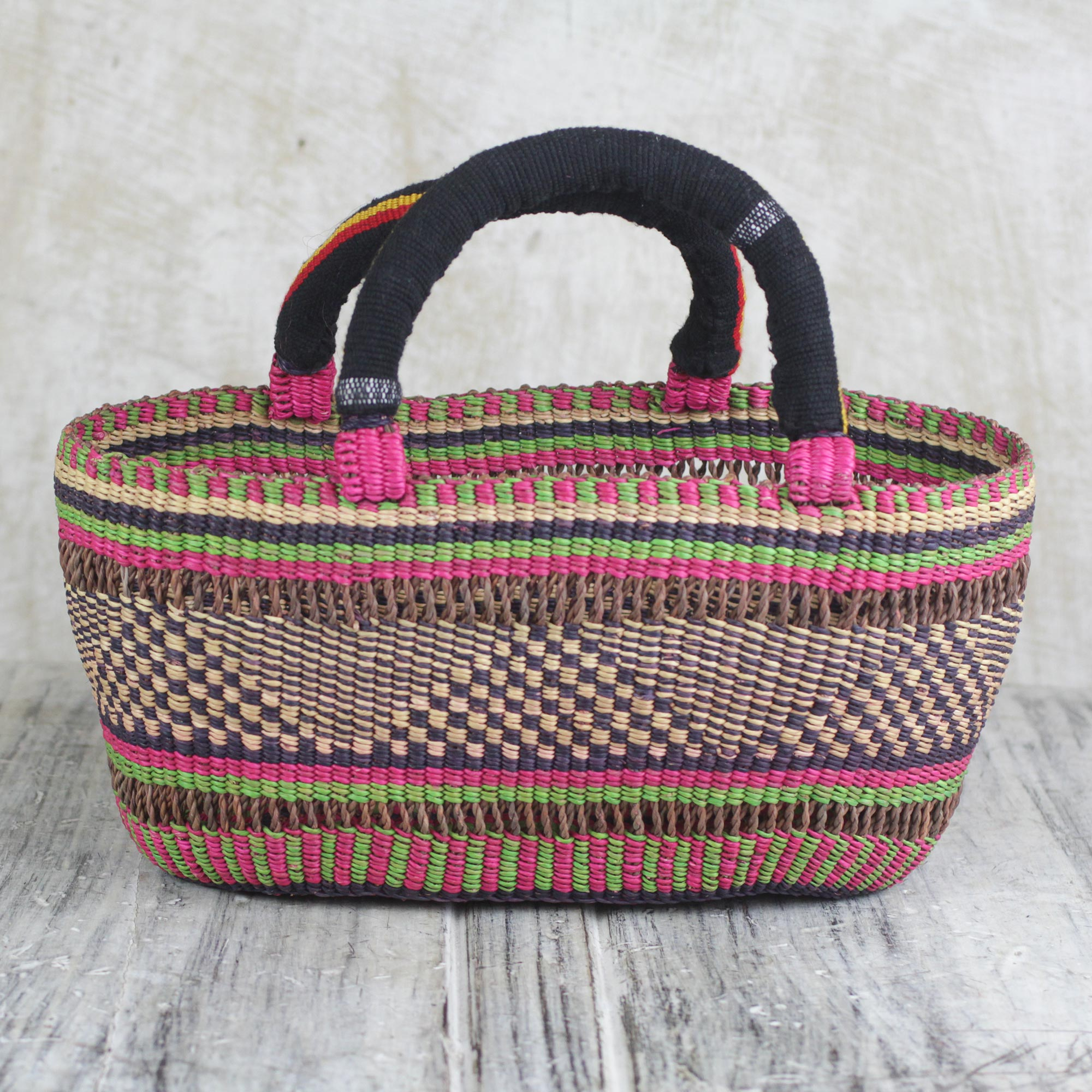 Colorful West African Handwoven Open Raffia Basket - Geometric Rainbow ...