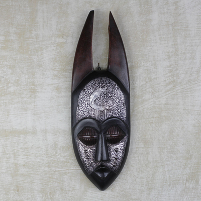 African wood mask, 'Enyonam' - Hand Carved Sese Wood Aluminum African Wood Mask Enyonam