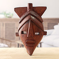African wood mask, 'Adom Tribute' - Traditional African Sese Wood Mask Hand-Carved in Ghana