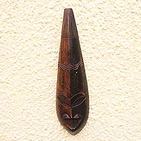 African wood mask, 'Teardrop Adipa' - Black and Brown African Wood Mask from Ghana