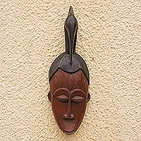 African wood mask, 'Gallant Bird' - Traditional Bird African Wood Mask in Brown and Black Tones