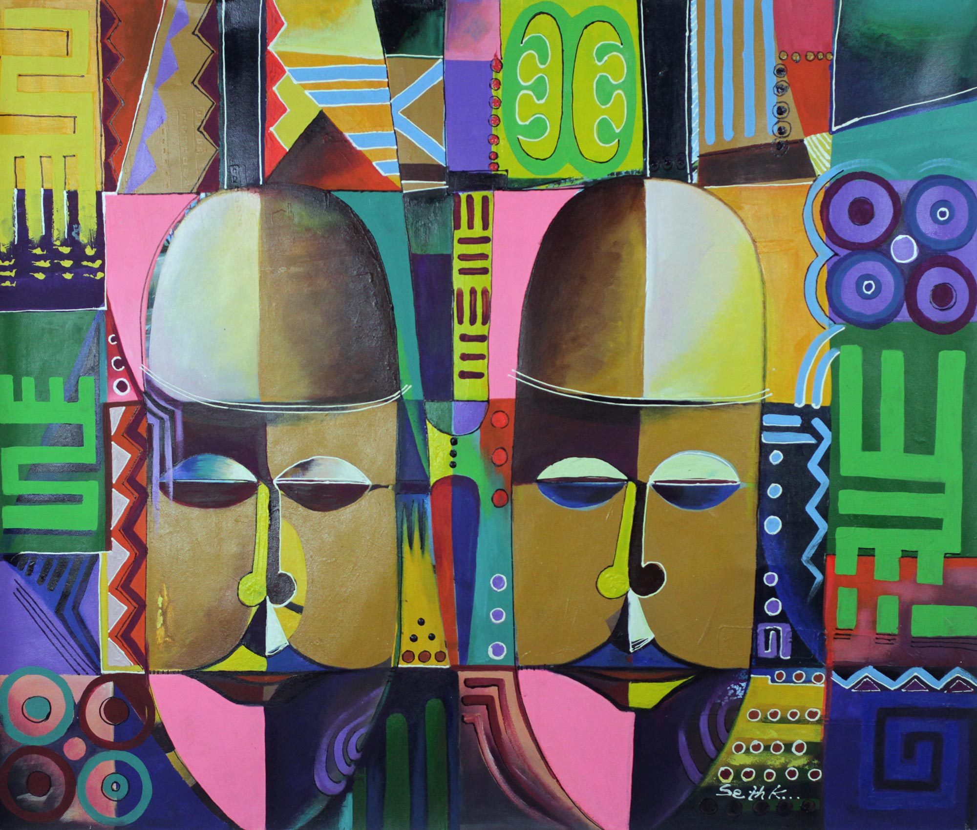 UNICEF Market Cubist Symbolic Acrylic Painting from West Africa