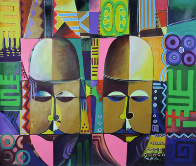 Cubist Symbolic Acrylic Painting from West Africa