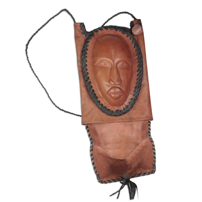 Leather passport holder, 'Sojourn' - Brown with Black Trim Leather Passport Holder with Mask