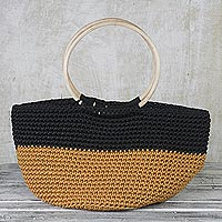 Handwoven tote bag, 'Chic Shopper' - Handcrafted Gold and Black Tote with Circular Wood Handles
