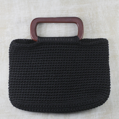 Makramee-Handtasche, 'Klassische Mitternacht'. - Handgewebte Handtasche mit schwarzem Henkel aus Westafrika