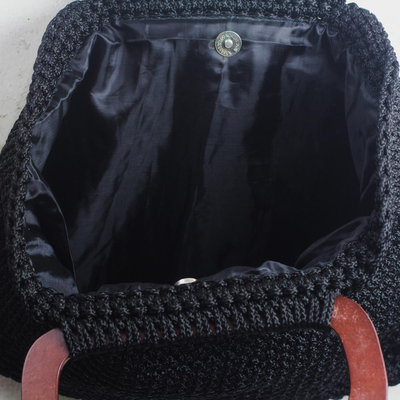 Makramee-Handtasche, 'Klassische Mitternacht'. - Handgewebte Handtasche mit schwarzem Henkel aus Westafrika