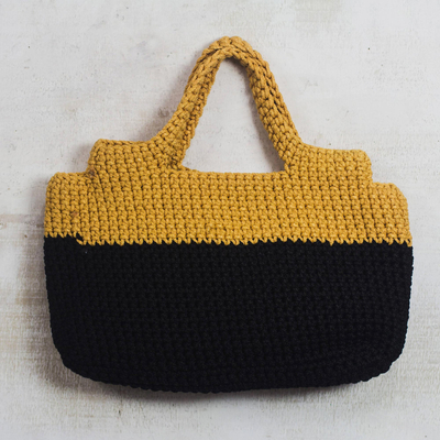 Handgehäkelte Handtasche mit Henkel - Handtasche mit gehäkeltem Griff in Onyxschwarz und Honiggelb
