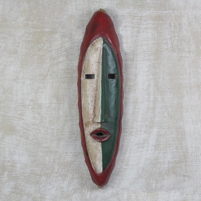 African wood mask, 'Agrobeso in Crimson' - Hand Carved Sese Wood Wall Mask from West Africa