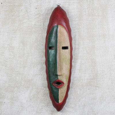 African wood mask, 'Agrobeso in Green and Red' - Hand Carved Sese Wood Wall Mask from West Africa