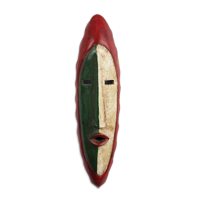 African wood mask, 'Agrobeso in Green and Red' - Hand Carved Sese Wood Wall Mask from West Africa