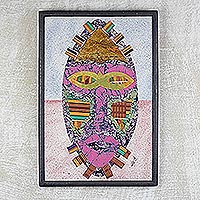 Cotton batik collage, 'Reinvention' - Handmade Oil on Cotton Batik African Mask Collage