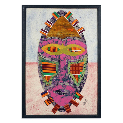 Baumwoll-Batik-Collage – Handgefertigtes Öl auf Baumwoll-Batik-Afrikaner-Masken-Collage