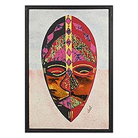 Cotton batik collage, 'Think Twice' - Cotton African Mask Oil on Cotton Batik Collage from Ghana