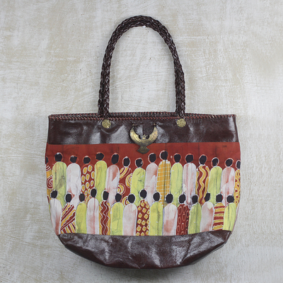 Tragetasche aus Batik-Baumwolle und Leder - Handgefertigte Ledertasche mit Batik-Baumwollakzent aus Ghana