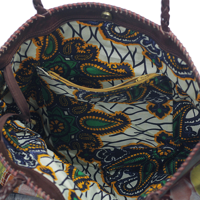 Batik cotton and leather tote, 'Gather Together' - Handcrafted Batik Cotton Accent Leather Tote from Ghana