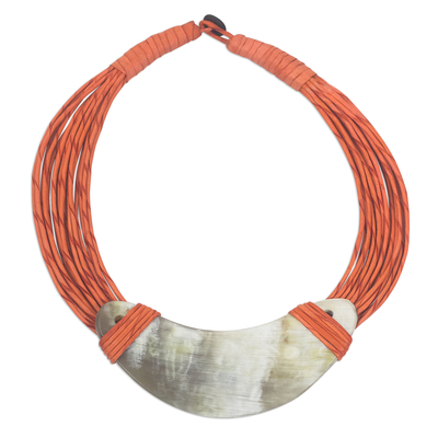 Horn pendant necklace, 'Somo' - Crescent-Shaped Horn Pendant Orange Leather Cord Necklace