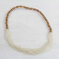 Featured review for Glass and wood beaded necklace, Cool White Beauty