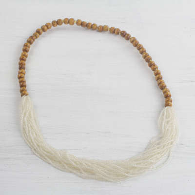 Glass and wood beaded necklace, 'Cool White Beauty' - Recycled Glass Beaded Necklace in Cool White from Ghana