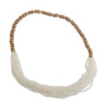 Glass and wood beaded necklace, 'Cool White Beauty' - Recycled Glass Beaded Necklace in Cool White from Ghana