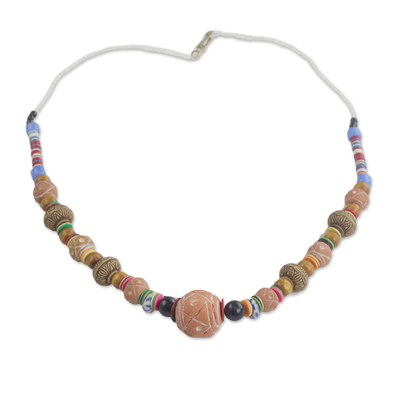 Ceramic and Recycled Glass Long Beaded Necklace from Ghana