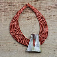 Leather and bone statement necklace, 'Laami' - Ghanaian Orange Leather and Bone Statement Cord Necklace