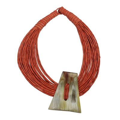 Leather and bone statement necklace, 'Laami' - Ghanaian Orange Leather and Bone Statement Cord Necklace
