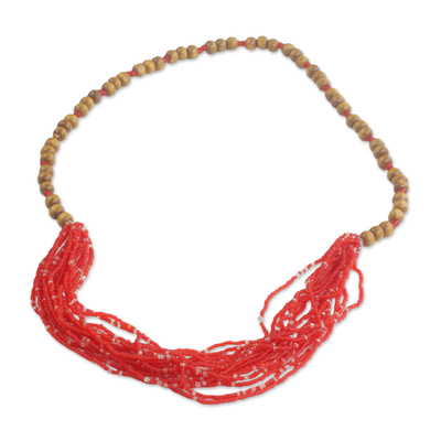 Recycled Glass Beaded Necklace in Cardinal Red from Ghana