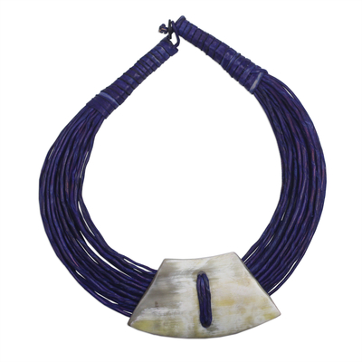 Ghanaian Dark Blue Leather and Bone Statement Cord Necklace