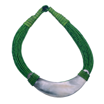 Horn pendant necklace, 'Buudu Honored' - Crescent-Shaped Horn Pendant Green Leather Cord Necklace