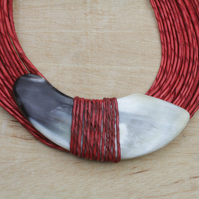 Leather and bone statement necklace, 'Ghanaian Nooma' - Ghanaian Red Leather and Bone Statement Cord Necklace