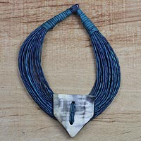 Leather and bone statement necklace, 'Posongo' - Ghanaian Blue Leather and Bone Statement Cord Necklace