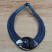 Leather and bone statement necklace, 'Masongo' - Ghanaian Blue Leather and Bone Statement Cord Necklace