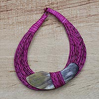 Horn pendant necklace, 'Zacsongo' - Boomerang Horn Pendant Magenta Leather Cord Necklace
