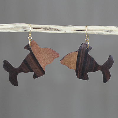 Ebony wood dangle earrings, Brown Fish