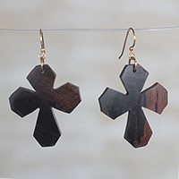 Ebony wood dangle earrings, 'Brown Crosses' - Ebony Wood Cross Dangle Earrings from Ghana