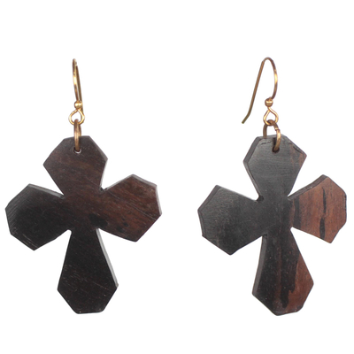 Ebony Wood Cross Dangle Earrings from Ghana