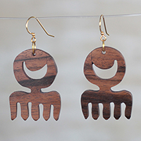 Ebony wood dangle earrings, 'Brown Comb' - Comb-Shaped Ebony Wood Dangle Earrings from Ghana