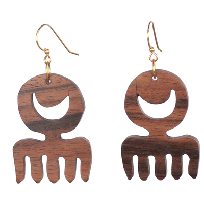 Comb-Shaped Ebony Wood Dangle Earrings from Ghana