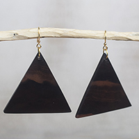 Ebony wood dangle earrings, 'Triangle Sophistication' - Triangular Ebony Wood Dangle Earrings from Ghana
