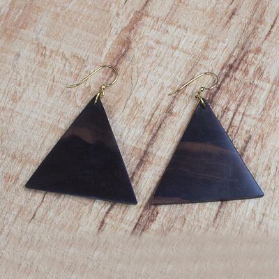 Ebony wood dangle earrings, 'Triangle Sophistication' - Triangular Ebony Wood Dangle Earrings from Ghana